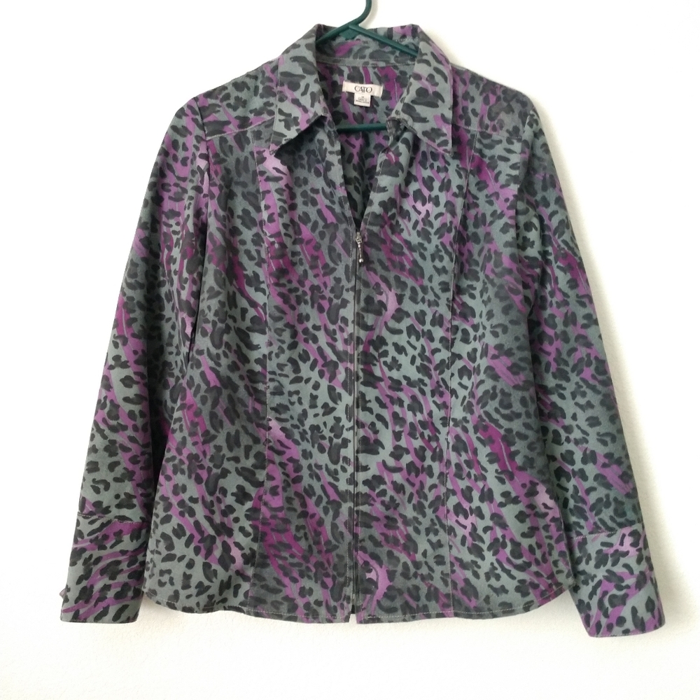 Fun Animal Print Blazer Jacket Zip Up Front Gray Purple by Cato Medium Chest 38"